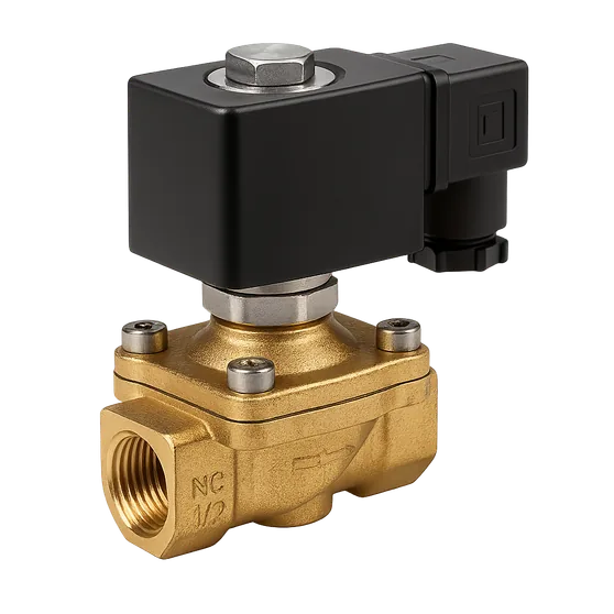 Brass solenoid valve with a black coil